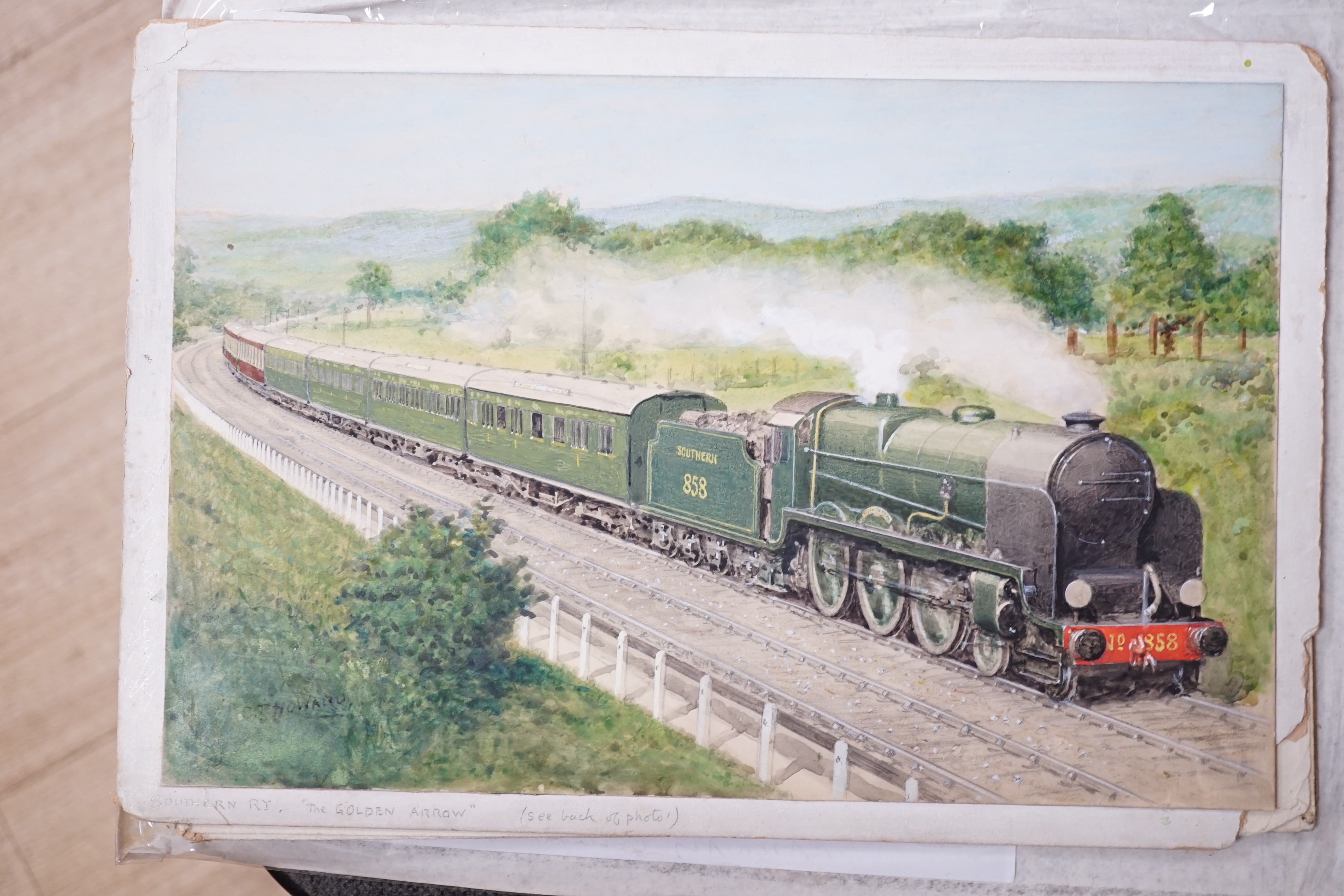 Charles Thomas Howard (1865-1942), set of four original watercolours for postcard designs, steam locomotives comprising ‘Scotch Express, LMS Railway’, ‘Caerphilly Castle, GWR’, ‘Lord Duncan, Southern Railway’ & ‘W1- Hush